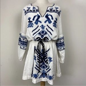 Free People Anouk Embroidered Boho Mini Dress Ivory Blue Coastal